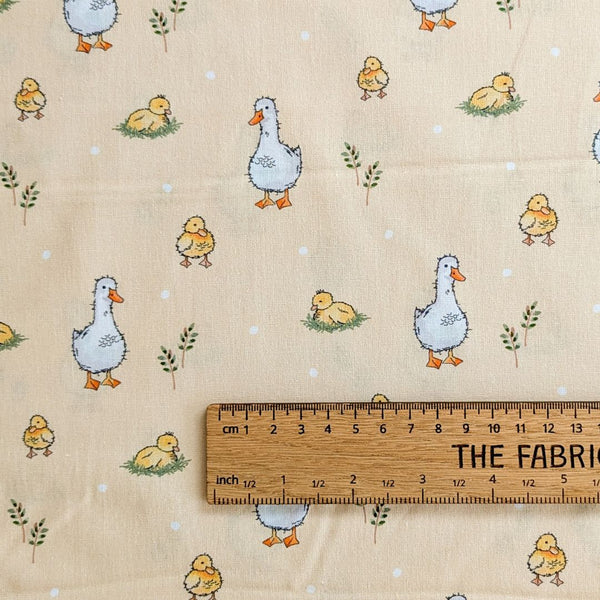 Fluffy yellow ducklings in grassy patches and elegant white ducks on a pastel yellow background with ruler for scale.