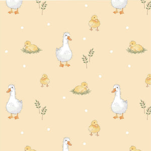 Fluffy yellow ducklings in grassy patches and elegant white ducks on a pastel yellow background.