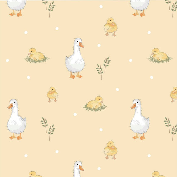 Fluffy yellow ducklings in grassy patches and elegant white ducks on a pastel yellow background.