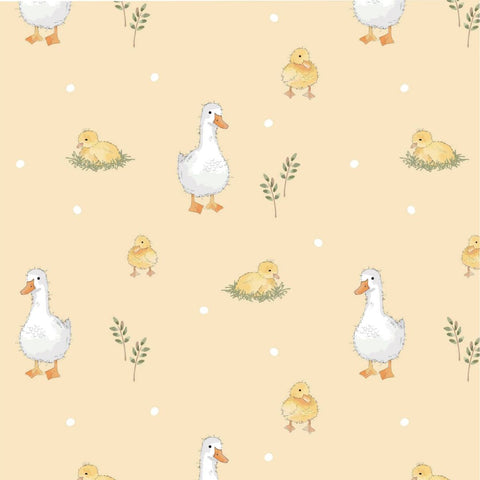 Fluffy yellow ducklings in grassy patches and elegant white ducks on a pastel yellow background.