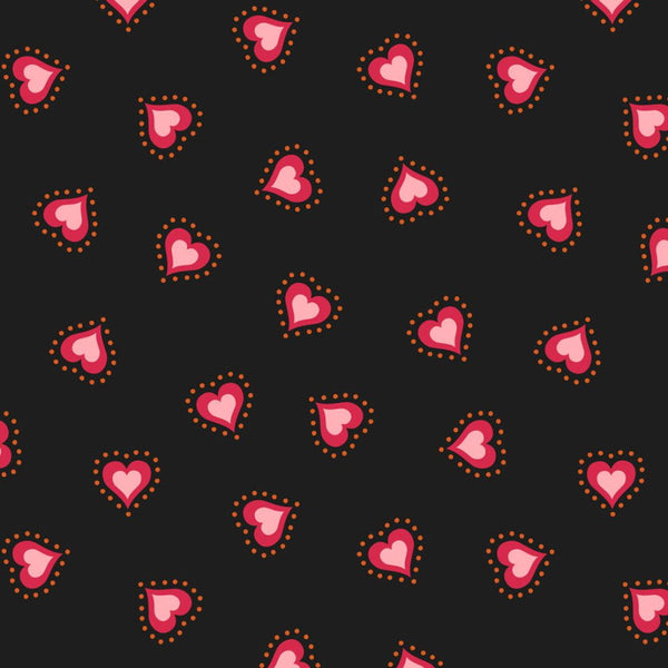 Lewis and Irene Little Matryoshka, Hearts on Black - A repeating pattern of hearts, each outlined with a dotted border on a black background.