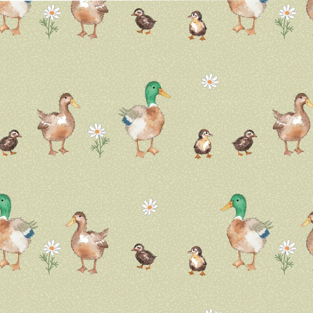 A fabric displaying families of mallard ducks with small ducklings, interspersed with tiny white daisy-like flowers on a soft, pale green background.