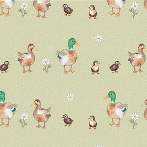 A fabric displaying families of mallard ducks with small ducklings, interspersed with tiny white daisy-like flowers on a soft, pale green background.