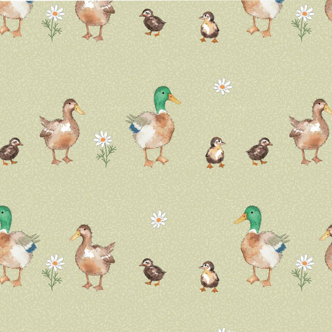 A fabric displaying families of mallard ducks with small ducklings, interspersed with tiny white daisy-like flowers on a soft, pale green background.