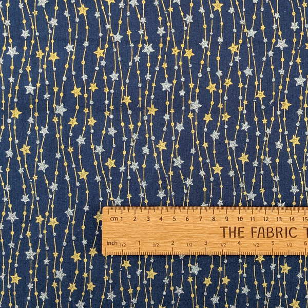 Metallic Star Strings on Navy - 100% cotton - John Louden