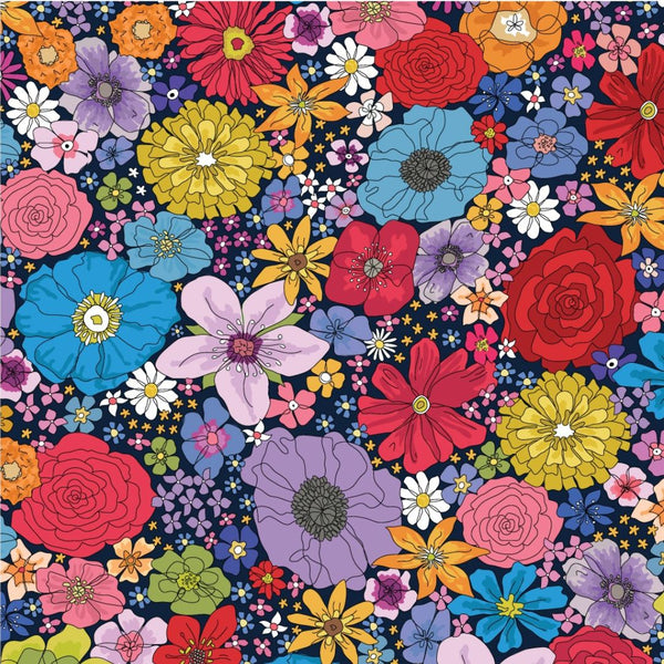 Rainbow Garden fabric: Colorful floral pattern on a dark blue background.