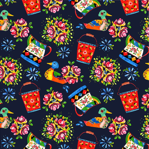 Narrowboat Decor Navy - 100% organic cotton - Make + Believe - Bohemian Waters by Debbie Shore