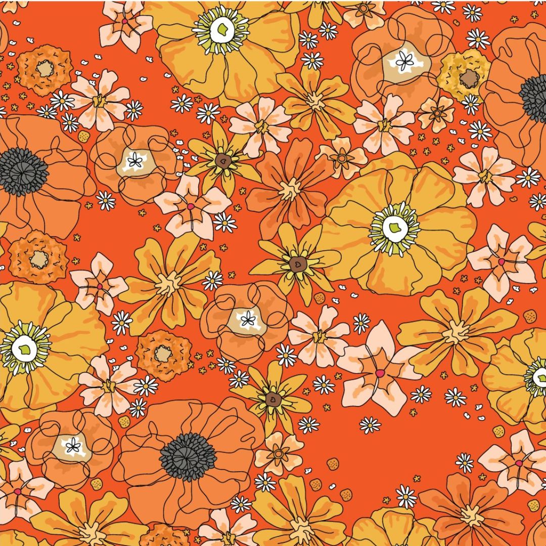 Rainbow Garden fabric: Orange floral design with retro feel.