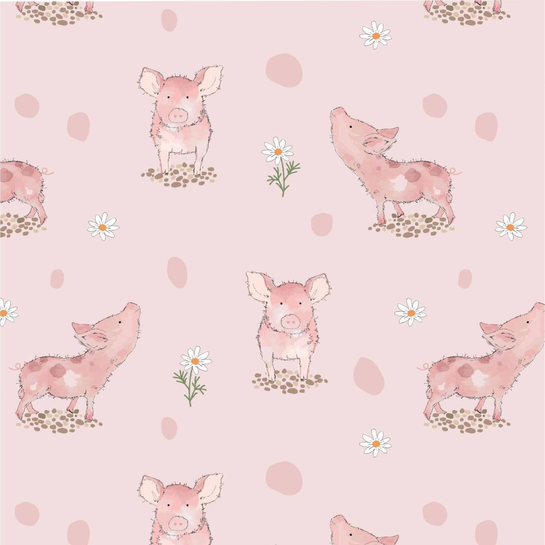 A fabric displaying adorable pink piglets in different poses, interspersed with small white daisy flowers and scattered with soft pink polka dots on a light pink background.
