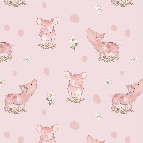 A fabric displaying adorable pink piglets in different poses, interspersed with small white daisy flowers and scattered with soft pink polka dots on a light pink background.