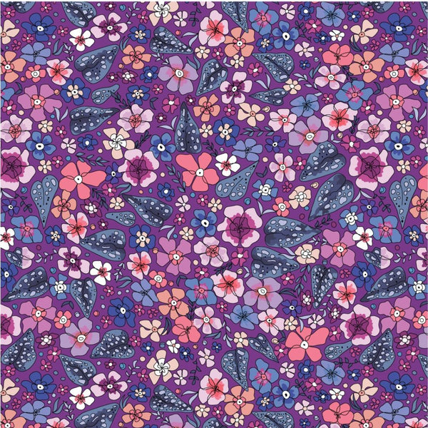 Rainbow Garden fabric: Pink, blue, and purple flowers on a dark purple background.