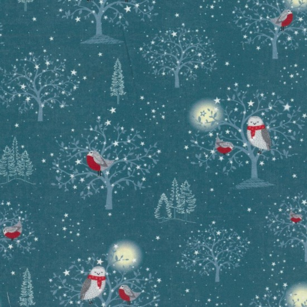 Winter Robins: teal background featuring trees, stars, robins, and owls.