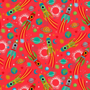 Red rocket fabric with planets and stars.