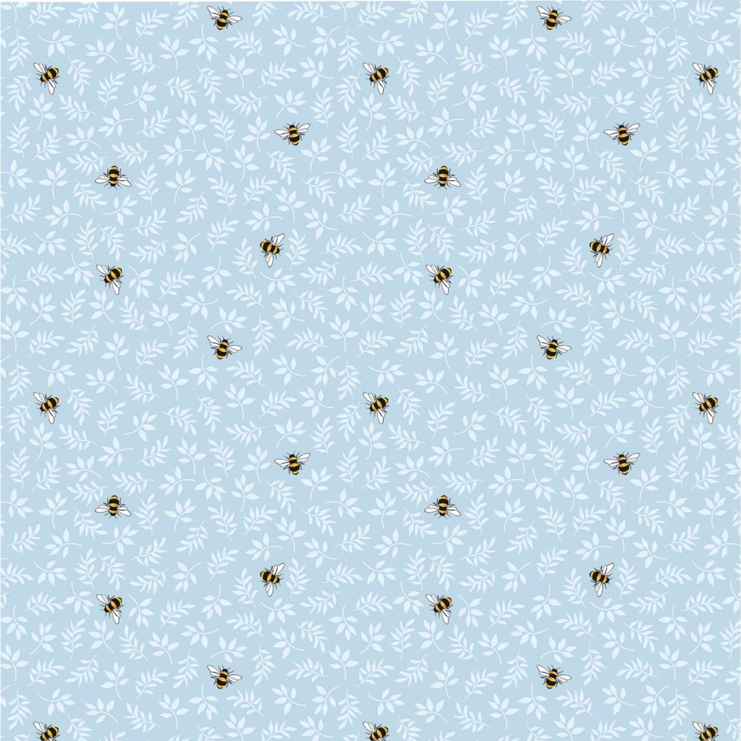 Small bees and delicate white foliage scattered across a soft, light blue background.