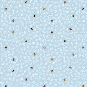 Small bees and delicate white foliage scattered across a soft, light blue background.