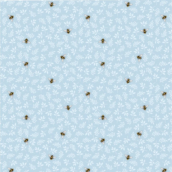 Small bees and delicate white foliage scattered across a soft, light blue background.