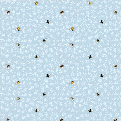 Small bees and delicate white foliage scattered across a soft, light blue background.