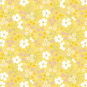 Songs of Spring on Sunshine Yellow - A cheerful floral pattern with white, pink, and yellow flowers on a warm yellow background.