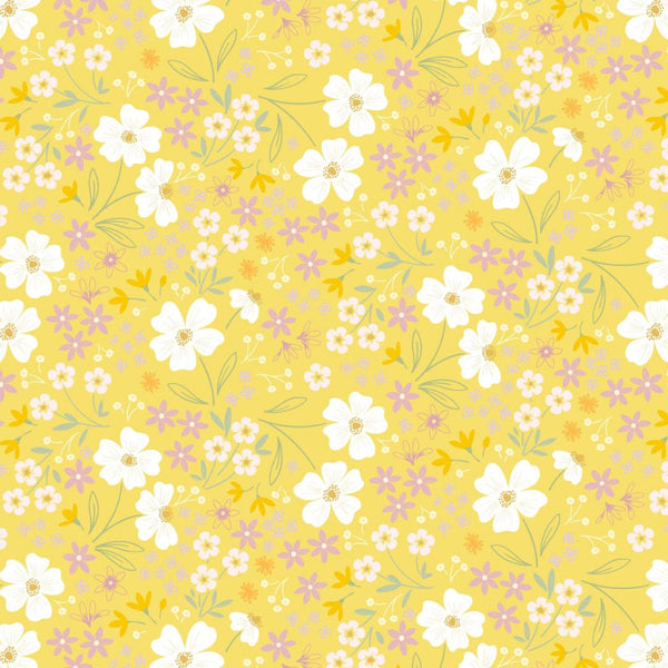 Songs of Spring on Sunshine Yellow - A cheerful floral pattern with white, pink, and yellow flowers on a warm yellow background.