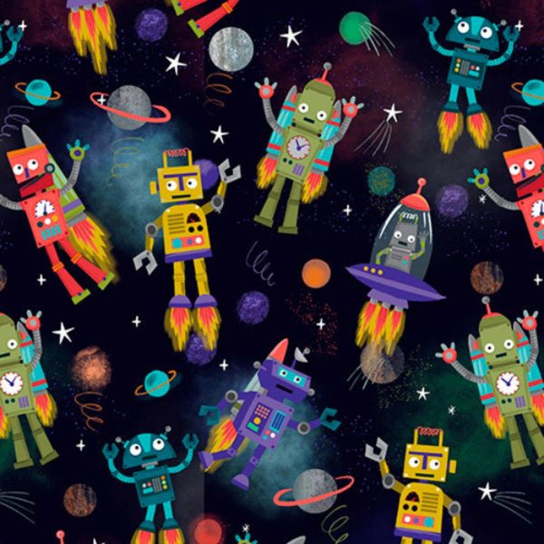 Robot space fabric with colorful robots and spaceships.