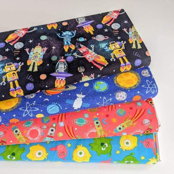 Stack of 4 space theme 100% cotton fabric