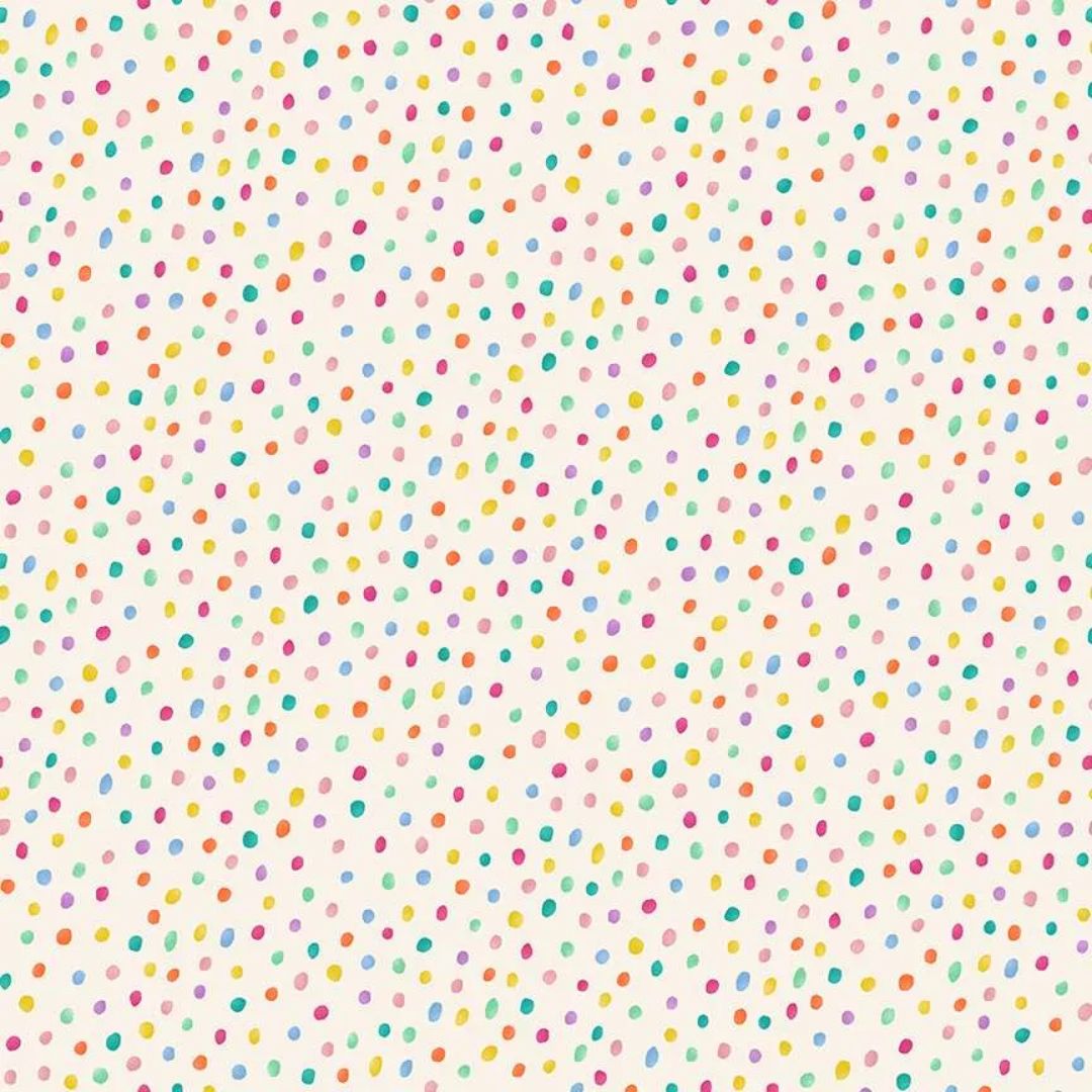 A cheerful fabric with scattered multicolored watercolor-style polka dots on a soft cream background.  Part of the Hello Spring collection from Makower.