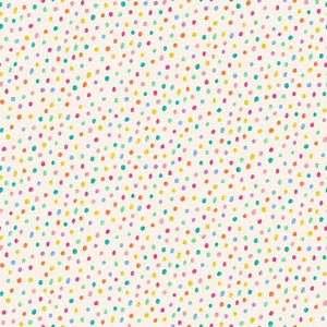 A cheerful fabric with scattered multicolored watercolor-style polka dots on a soft cream background.  Part of the Hello Spring collection from Makower.