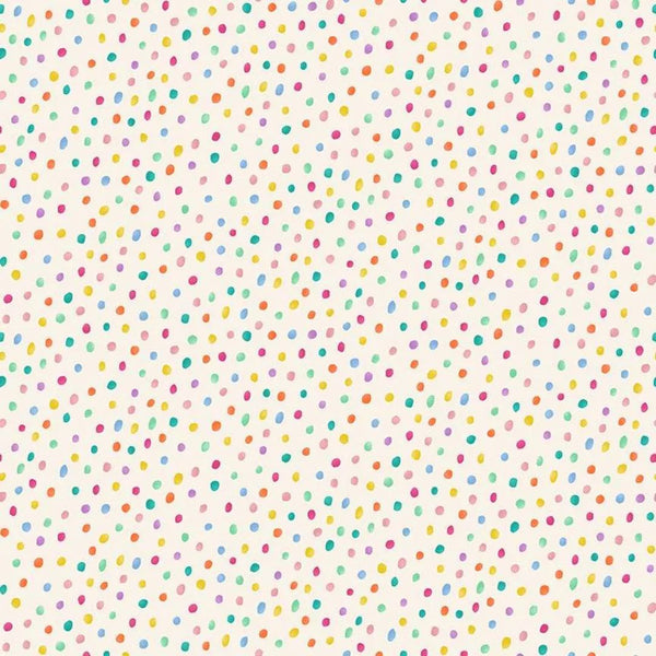 A cheerful fabric with scattered multicolored watercolor-style polka dots on a soft cream background.  Part of the Hello Spring collection from Makower.