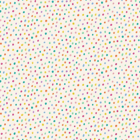 A cheerful fabric with scattered multicolored watercolor-style polka dots on a soft cream background.  Part of the Hello Spring collection from Makower.