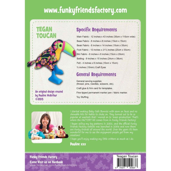 “Tegan Toucan” stuffed animal sewing pattern by Pauline McArthur, Funky Friends Factory