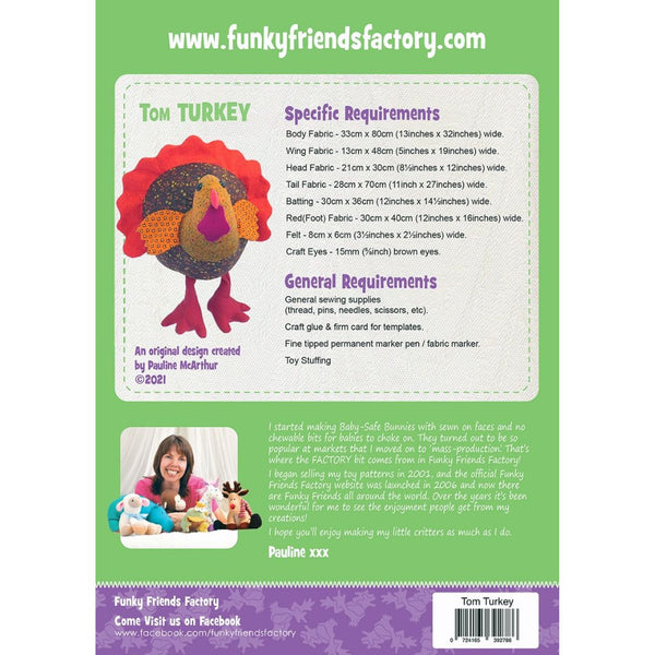 “Tom Turkey” stuffed animal sewing pattern by Pauline McArthur, Funky Friends Factory