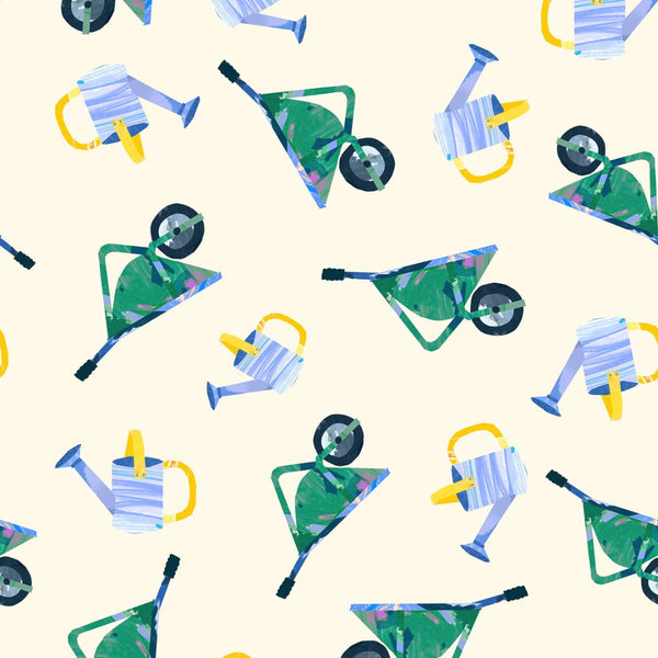 Wheelbarrows Greenhouse - 100% cotton - Lewis & Irene - Flower Market by Wee Bluebell