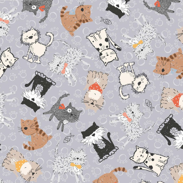 Whiskers Tails Grey - 100% cotton - Craft Cotton Co - Purrfect Cats by Susan Wheeler