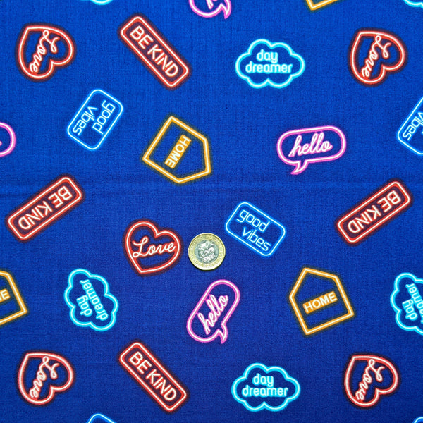 Neon signs on blue - 100% cotton - Lewis and Irene - Small Things Glow